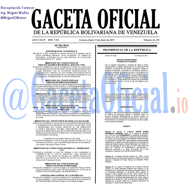 Gaceta Oficial 41150 del 15 mayo 2017