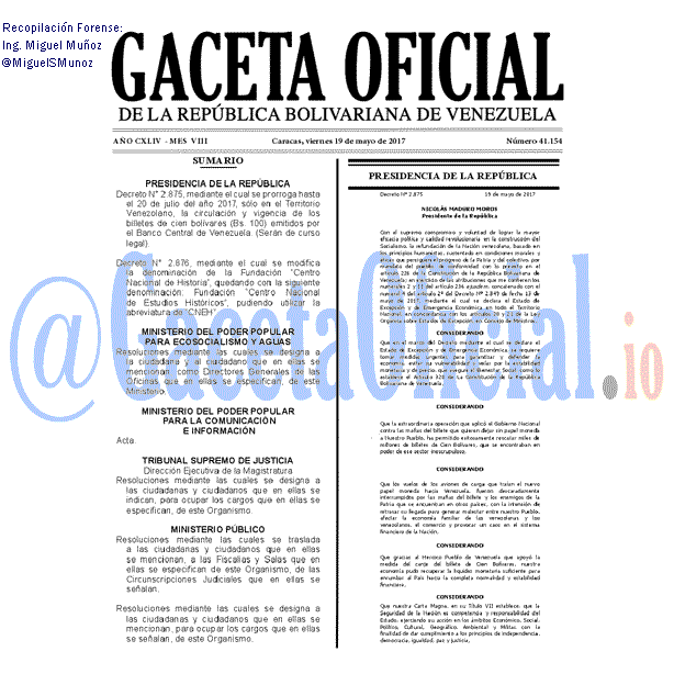 Gaceta Oficial 41154 del 19 mayo 2017