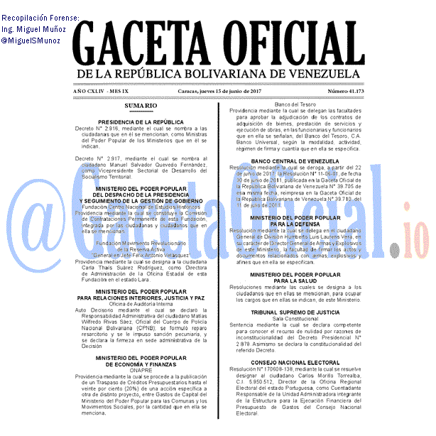 Gaceta Oficial 41173 del 15 junio 2017 Gaceta Oficial 41173 del 15 junio 2017