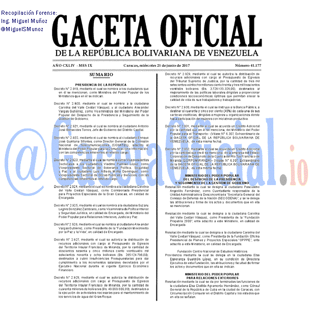Gaceta Oficial 41177 del 21 junio 2017 Gaceta Oficial 41177 del 21 junio 2017