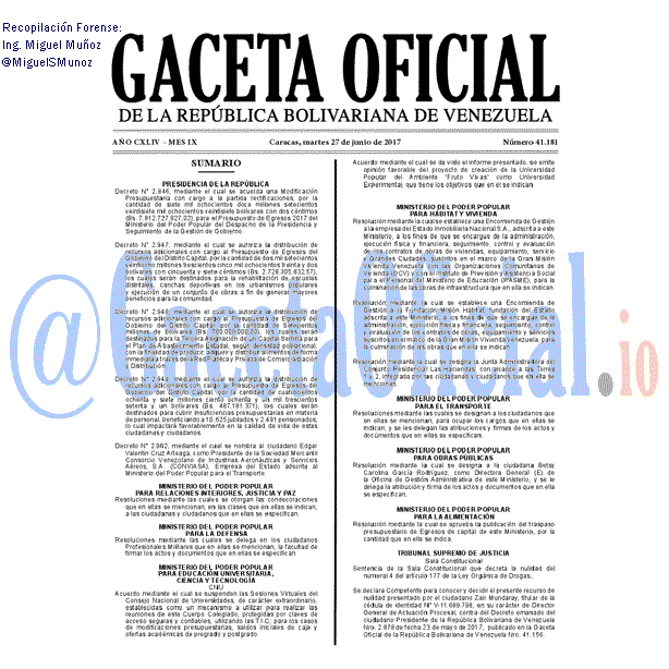 Gaceta Oficial 41181 del 27 junio 2017 Gaceta Oficial 41181 del 27 junio 2017