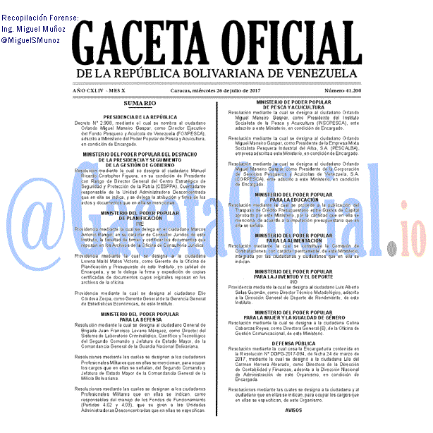 Gaceta Oficial 41200 del 26 julio 2017 Gaceta Oficial 41200 del 26 julio 2017