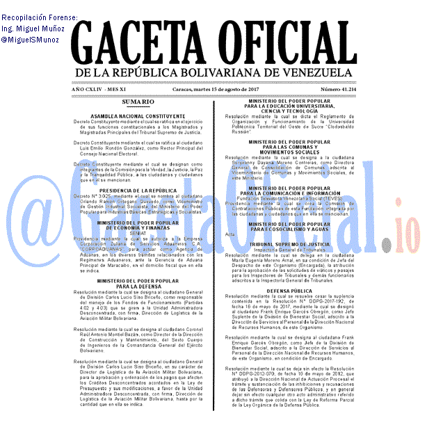 Gaceta Oficial 41214 del 15 agosto 2017 Gaceta Oficial 41214 del 15 agosto 2017