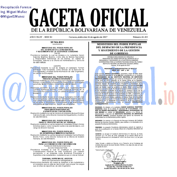 Gaceta Oficial 41215 del 16 agosto 2017 Gaceta Oficial 41215 del 16 agosto 2017
