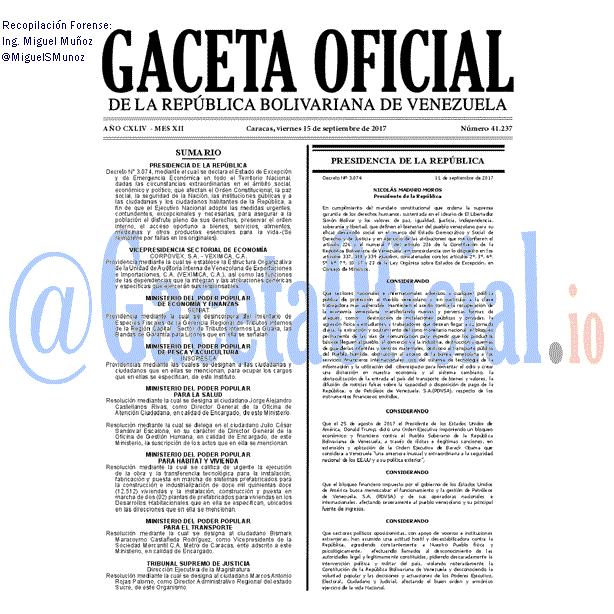 Gaceta Oficial 41237 del 15 septiembre 2017 Gaceta Oficial 41237 del 17 septiembre 2017