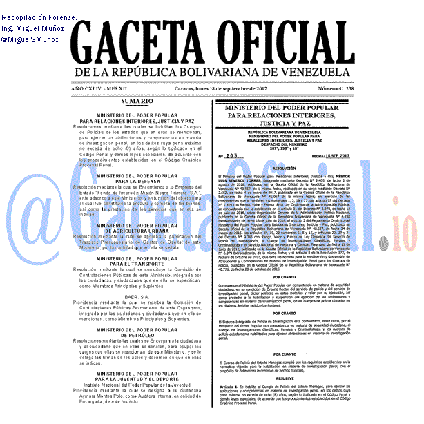 Gaceta Oficial 41238 del 18 septiembre 2017 Gaceta Oficial 41238 del 18 septiembre 2017