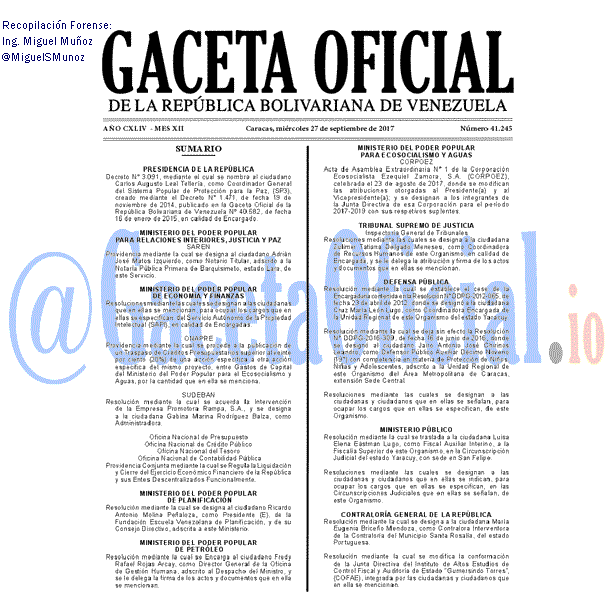 Gaceta Oficial 41245 del 27 septiembre 2017 Gaceta Oficial 41245 del 27 septiembre 2017