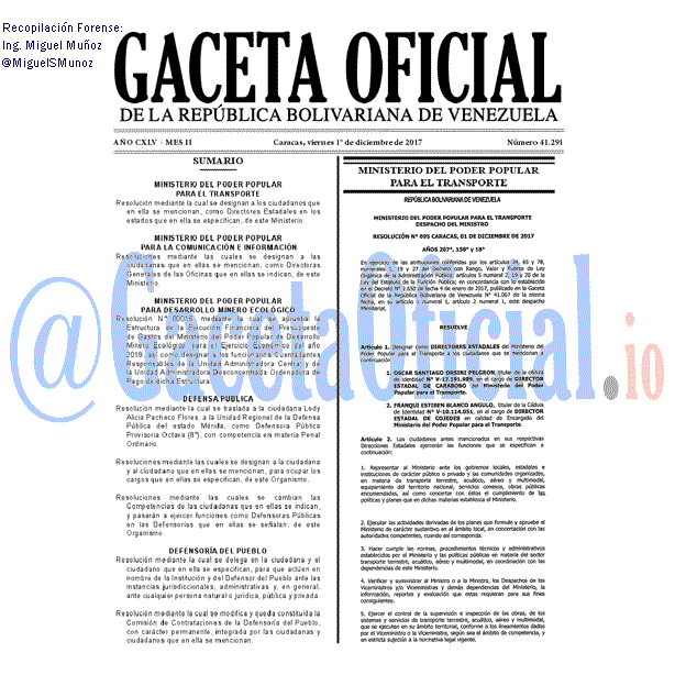 Gaceta Oficial 41291 del 1 diciembre 2017