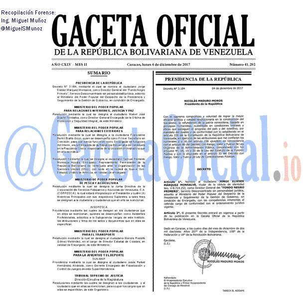 Gaceta Oficial 41292 del 4 diciembre 2017 Gaceta Oficial 41292 del 4 diciembre 2017
