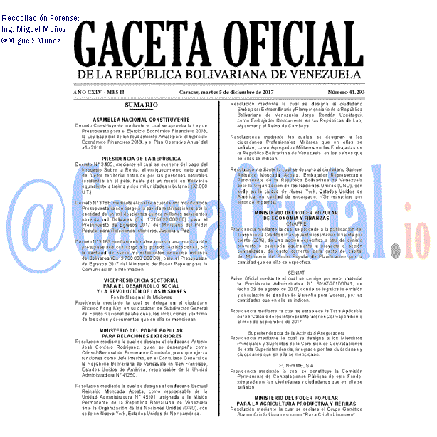 Gaceta Oficial 41293 del 5 diciembre 2017 Gaceta Oficial 41293 del 5 diciembre 2017