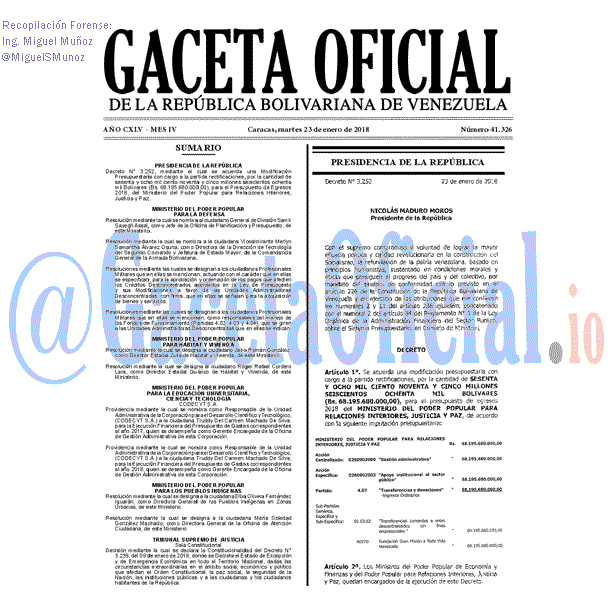 Gaceta Oficial 41326 del 23 enero 2018 Gaceta Oficial 41326 del 23 enero 2018