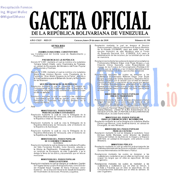 Gaceta Oficial 41330 del 29 enero 2018