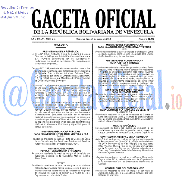 Gaceta Oficial 41391 del 7 mayo 2018