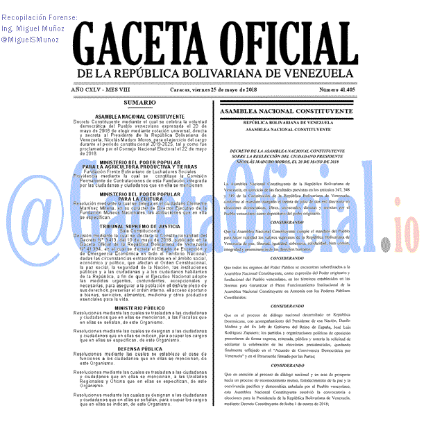 Gaceta Oficial 41405 del 25 mayo 2018