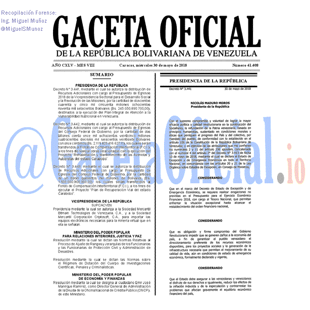 Gaceta Oficial 41408 del 30 mayo 2018 Gaceta Oficial 41408 del 30 mayo 2018