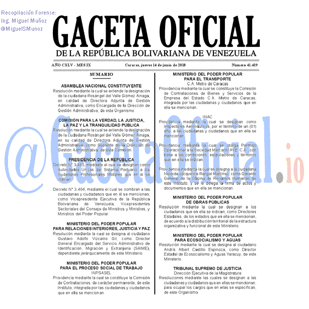 Gaceta Oficial 41419 del 14 junio 2018