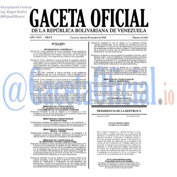 Gaceta Oficial 41444 del 20 julio 2018 Gaceta Oficial 41444 del 20 julio 2018
