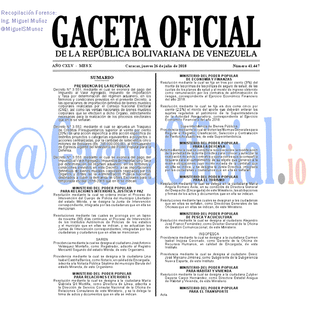 Gaceta Oficial 41447 del 26 julio 2018