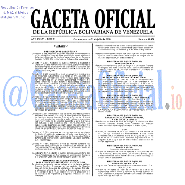 Gaceta Oficial 41450 del 31 julio 2018 Gaceta Oficial 41450 del 31 julio 2018