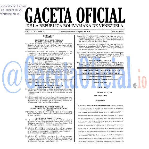 Gaceta Oficial 41453 del 3 Agosto 2018 Gaceta Oficial 41453 del 3 Agosto 2018