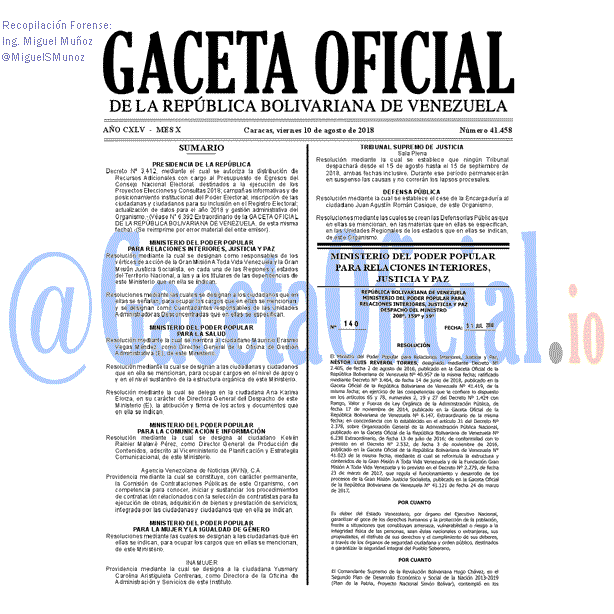 Gaceta Oficial 41458 del 10 Agosto 2018 Gaceta Oficial 41458 del 10 Agosto 2018