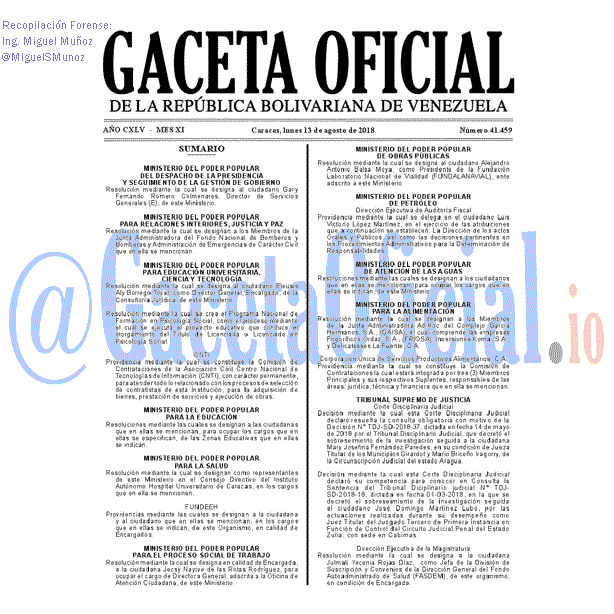 Gaceta Oficial 41459 del 13 Agosto 2018 Gaceta Oficial 41459 del 13 Agosto 2018