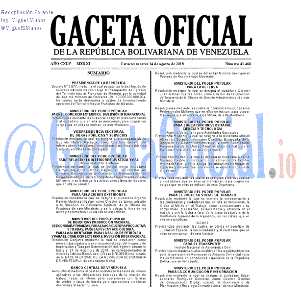 Gaceta Oficial 41460 del 14 Agosto 2018 Gaceta Oficial 41460 del 14 Agosto 2018