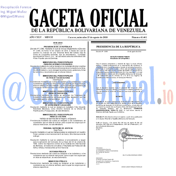 Gaceta Oficial 41461 del 15 Agosto 2018