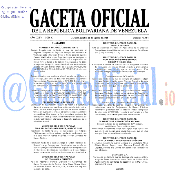 Gaceta Oficial 41464 del 21 Agosto 2018