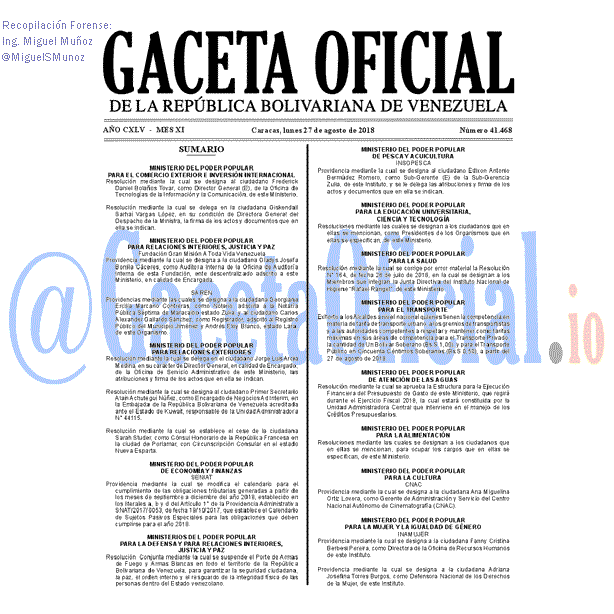 Gaceta Oficial 41468 del 27 agosto 2018