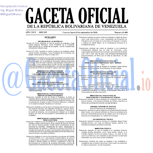 Gaceta Oficial 41488 del 24 Septiembre 2018 Gaceta Oficial 41488 del 24 Septiembre 2018