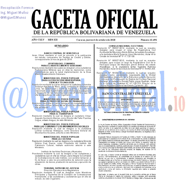Gaceta Oficial 41496 del 4 Octubre 2018 Gaceta Oficial 41496 del 4 Octubre 2018