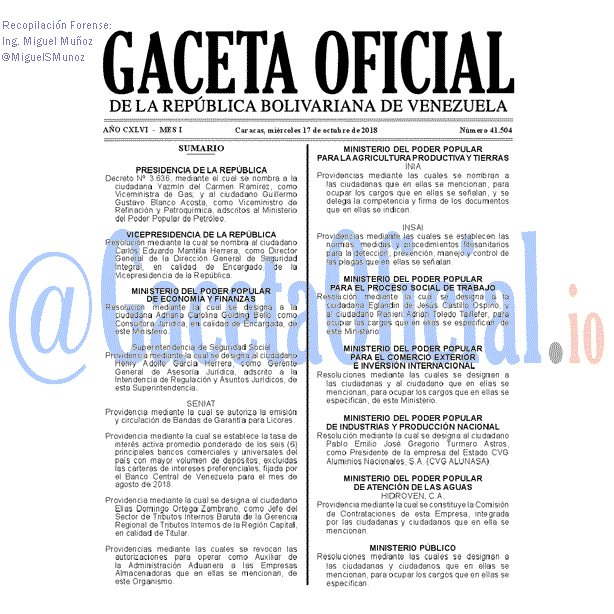 Gaceta Oficial 41504 del 17 Octubre 2018 Gaceta Oficial 41504 del 17 Octubre 2018