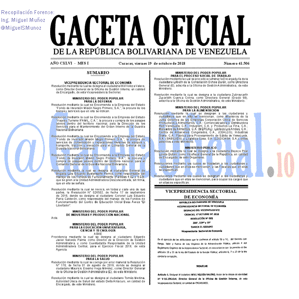 Gaceta Oficial 41506 del 19 Octubre 2018 Gaceta Oficial 41506 del 19 Octubre 2018