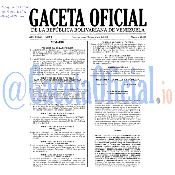 Gaceta Oficial 41507 del 22 Octubre 2018 Gaceta Oficial 41507 del 22 Octubre 2018
