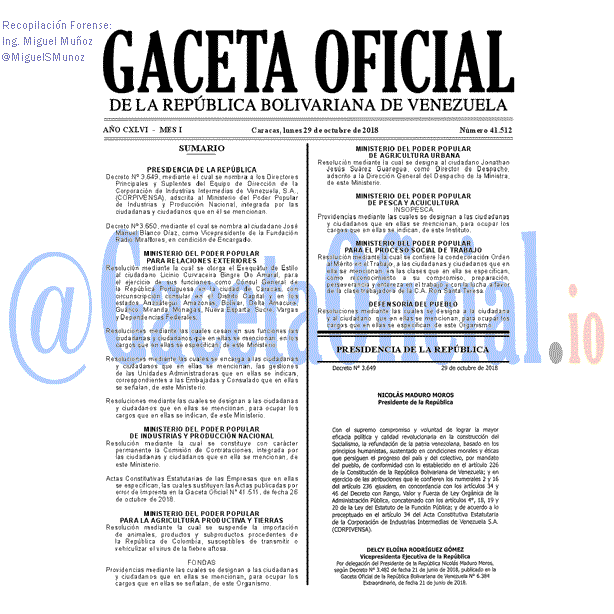 Gaceta Oficial 41512 del 29 Octubre 2018 Gaceta Oficial 41512 del 29 Octubre 2018