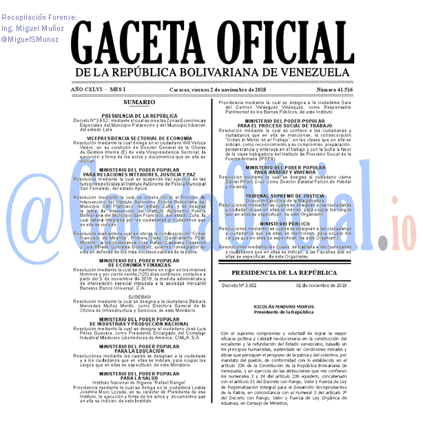 Gaceta Oficial 41516 del 2 Noviembre 2018 Gaceta Oficial 41516 del 2 Noviembre 2018