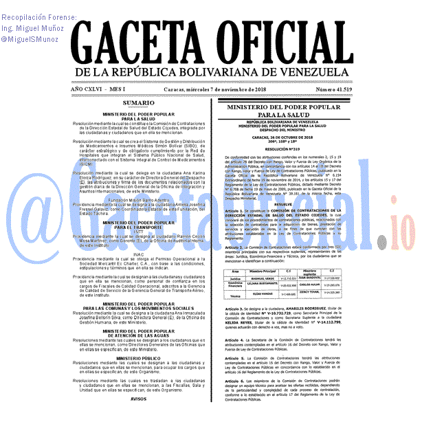 Gaceta Oficial 41519 del 7 Noviembre 2018 Gaceta Oficial 41519 del 7 Noviembre 2018