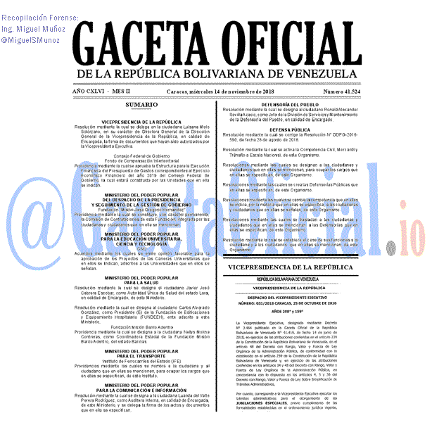 Gaceta Oficial 41524 del 14 Noviembre 2018 Gaceta Oficial 41524 del 14 Noviembre 2018