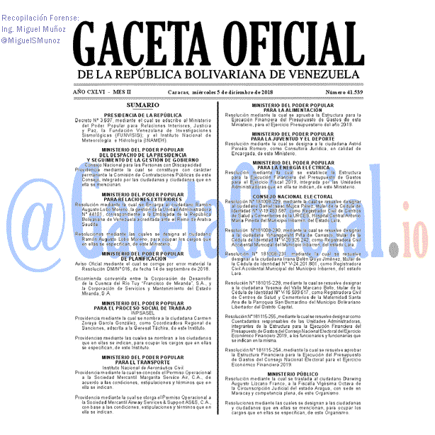 Gaceta Oficial 41539 del 5 Diciembre 2018