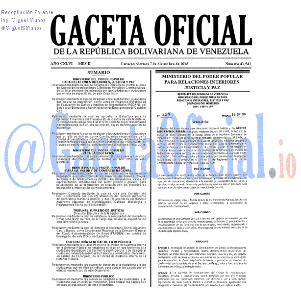 Gaceta Oficial 41541 del 7 Diciembre 2018 Gaceta Oficial 41541 del 7 Diciembre 2018
