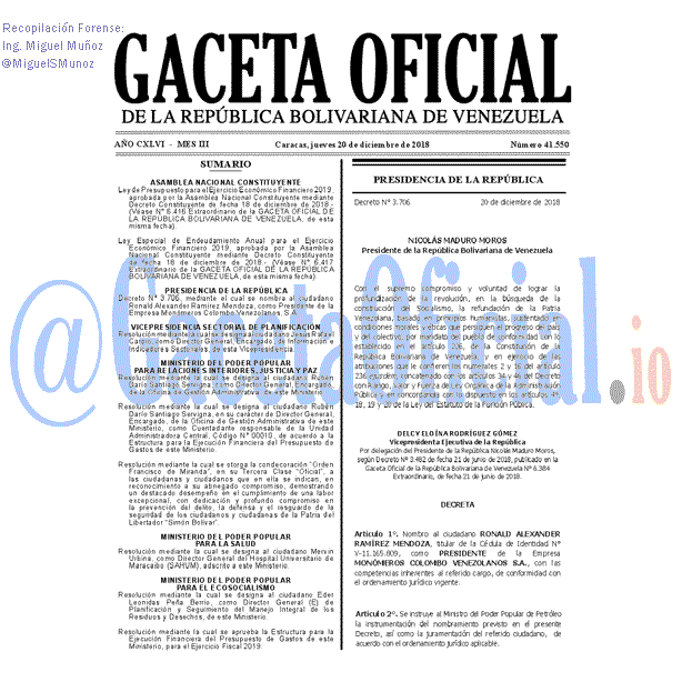 Gaceta Oficial 41550 del 20 Diciembre 2018 Gaceta Oficial 41550 del 20 Diciembre 2018
