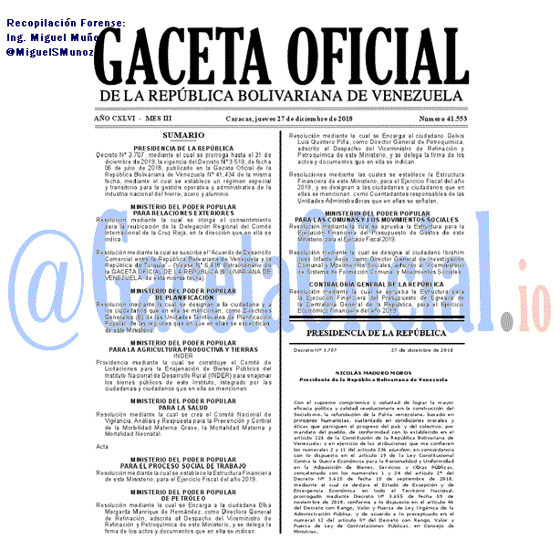 Gaceta Oficial 41553 del 27 Diciembre 2018 Gaceta Oficial 41553 del 27 Diciembre 2018