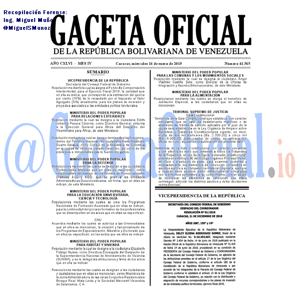 Gaceta Oficial 41565 del 16 Enero 2019 Gaceta Oficial 41565 del 16 Enero 2019