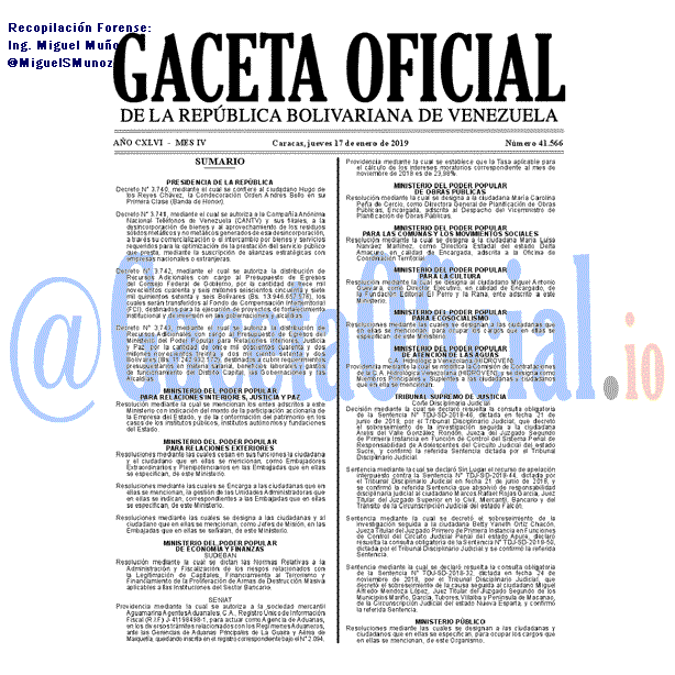 Gaceta Oficial 41566 del 17 Enero 2019 Gaceta Oficial 41566 del 17 Enero 2019