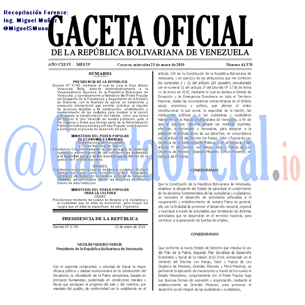 Gaceta Oficial 41570 del 23 Enero 2019 Gaceta Oficial 41570 del 23 Enero 2019