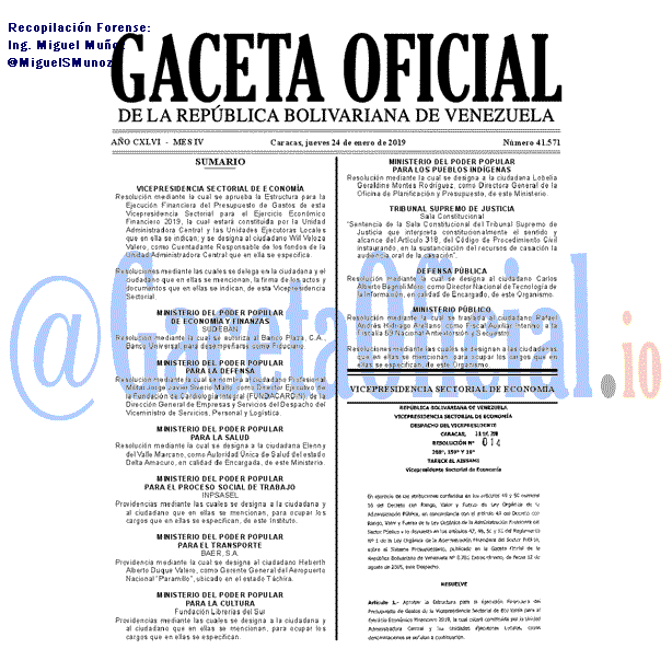 Gaceta Oficial 41571 del 24 Enero 2019 Gaceta Oficial 41571 del 24 Enero 2019