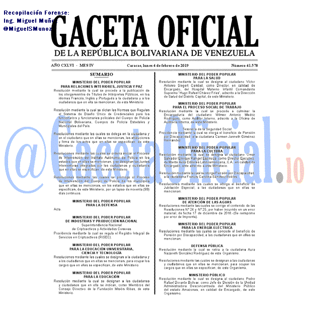 Gaceta Oficial 41578 del 4 Febrero 2019 Gaceta Oficial 41578 del 4 Febrero 2019