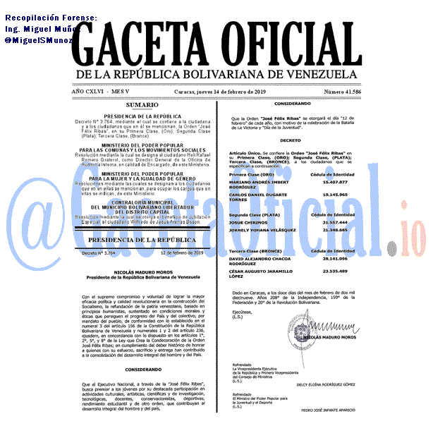 Gaceta Oficial 41586 del 14 Febrero 2019 Gaceta Oficial 41586 del 14 Febrero 2019