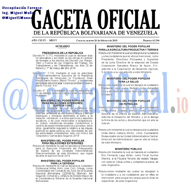 Gaceta Oficial 41594 del 26 Febrero 2019 Gaceta Oficial 41594 del 26 Febrero 2019
